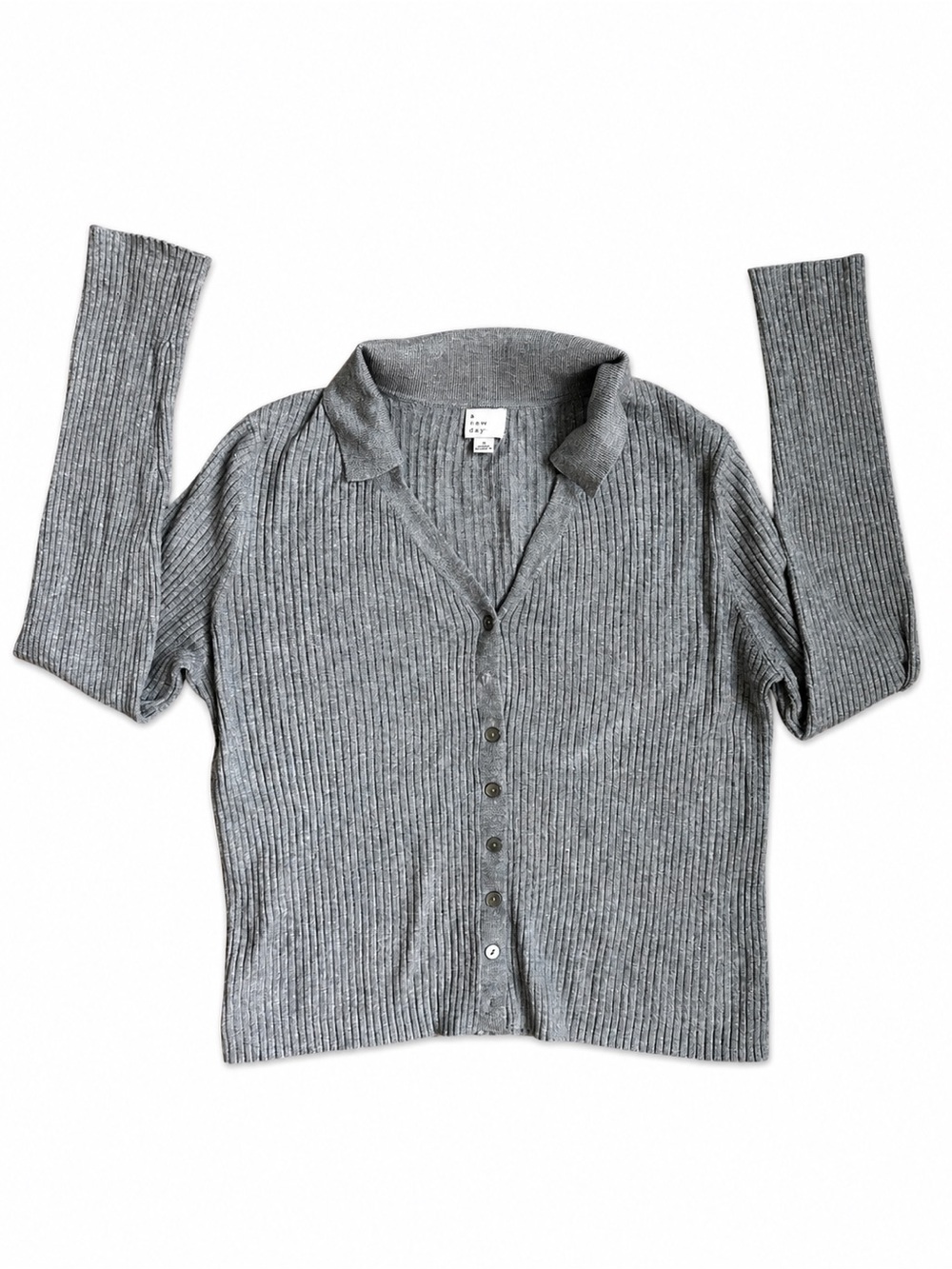A New Day Women’s Ribbed Knit Button Front Collar Top Gray Size M